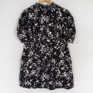 WHO WHAT WEAR Dress S Black White Speckle Print Ruffle Mock Neck Puff Sleeve